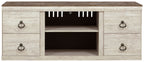 Willowton TV stand with fireplace: light wood console with central open shelf and two drawer sides