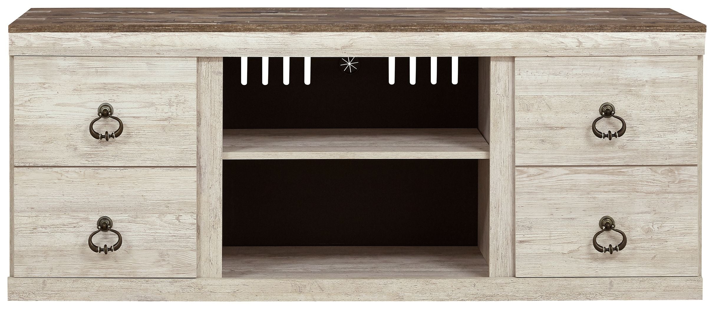 Willowton TV stand with fireplace: light wood console with central open shelf and two drawer sides