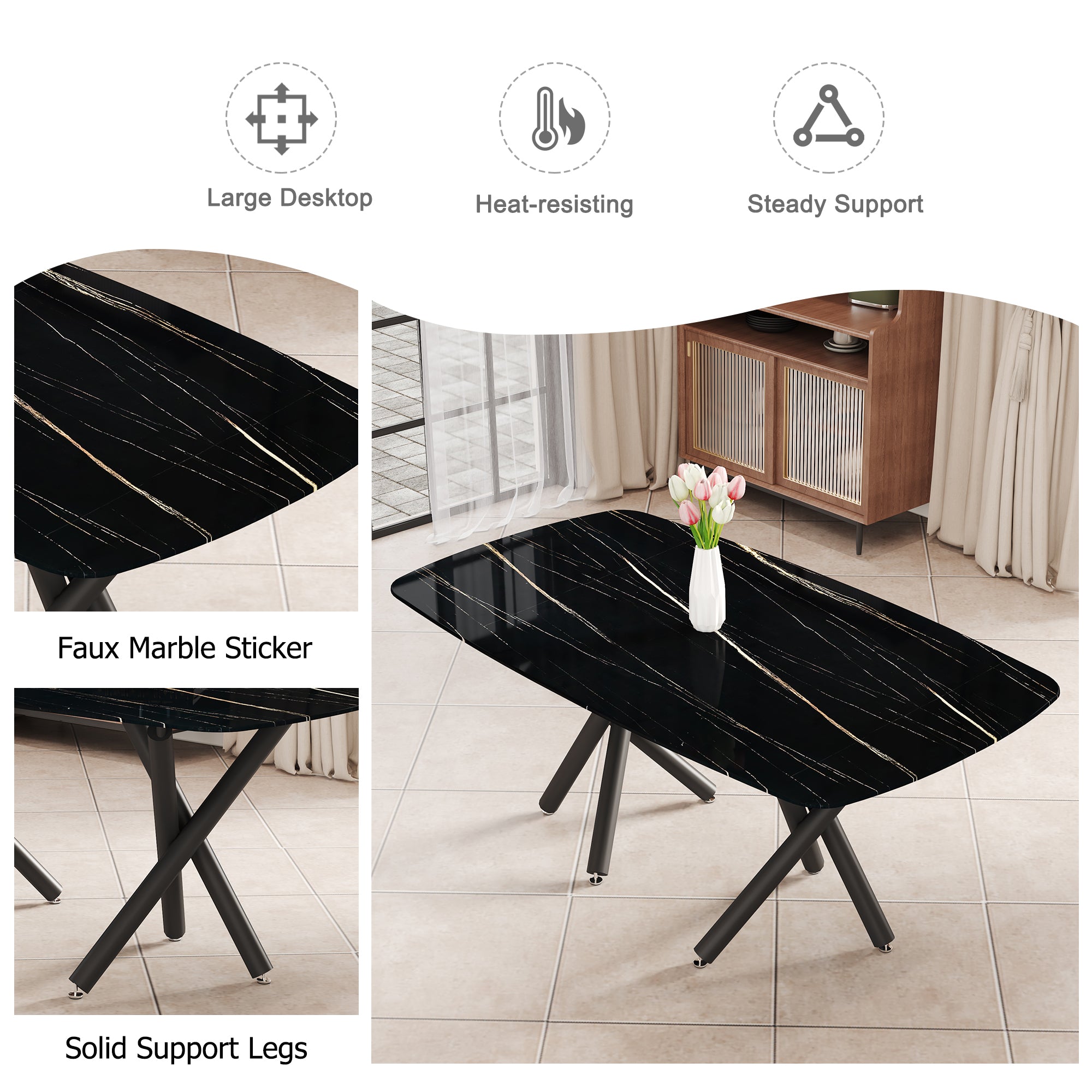 Black Marble Dining Table Set for 6