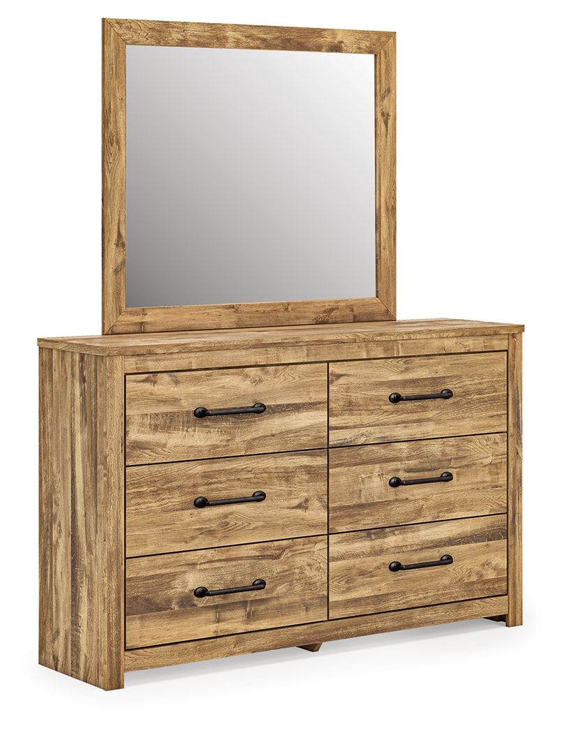 Light brown six-drawer dresser with matching square mirror and black bar handles.