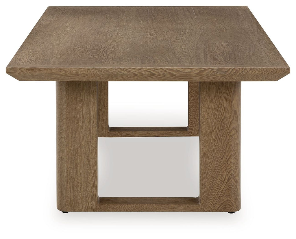 Rectangular cocktail table with dark brown wood-look top and open lower shelf frame