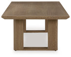 Rectangular cocktail table with dark brown wood-look top and open lower shelf frame