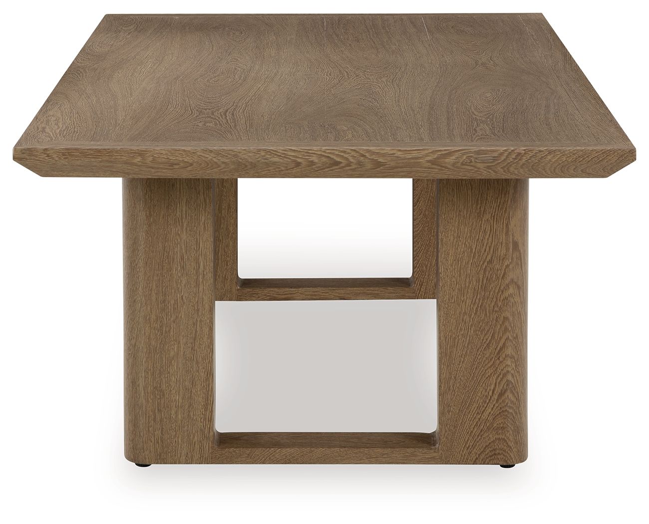 Rectangular cocktail table with dark brown wood-look top and open lower shelf frame
