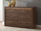 Light brown 6-drawer dresser with bar pulls and recessed drawer fronts.