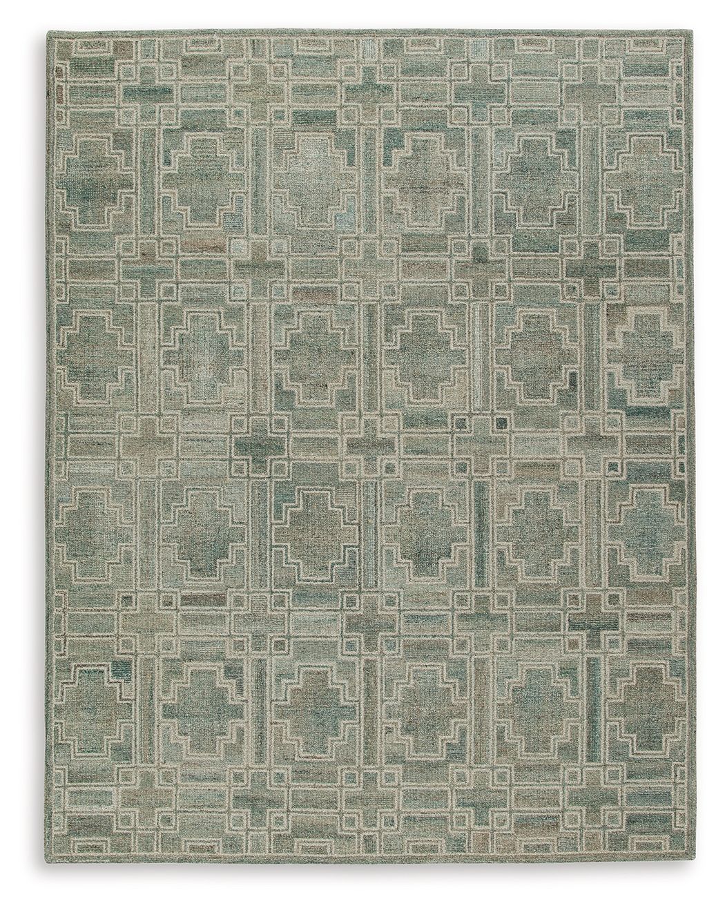 Green geometric area rug with repeating square motifs