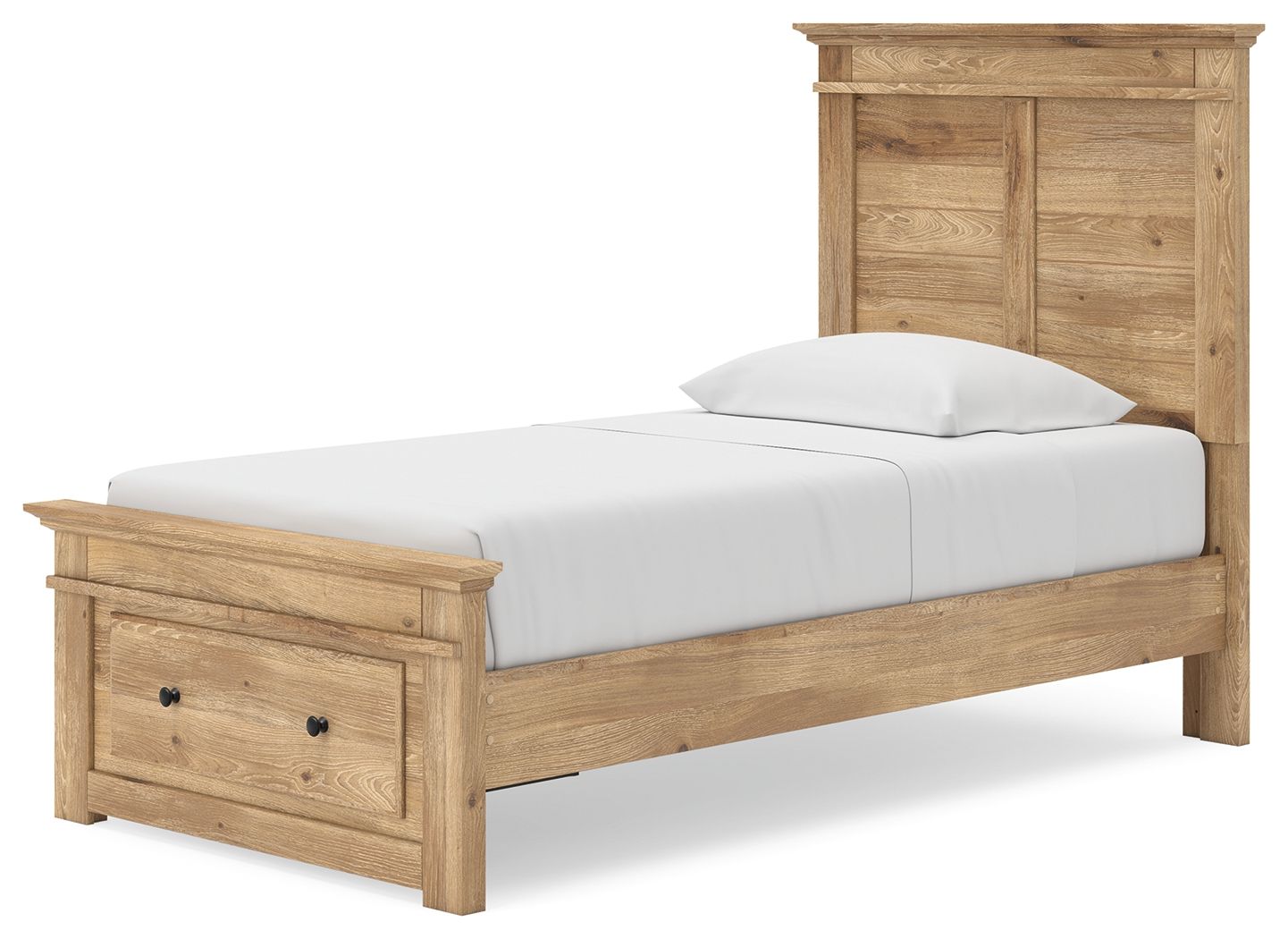 Light brown wooden storage bed with side drawers, panel headboard, and white mattress with pillows