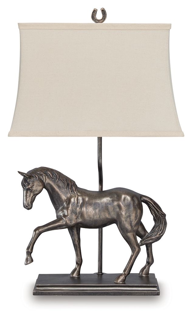 Bronze horse table lamp with off-white fabric shade and pedestal base.