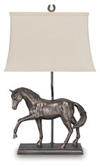Bronze horse table lamp with off-white fabric shade and pedestal base.