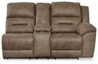 Power reclining loveseat with console, dark taupe fabric, double recline seats