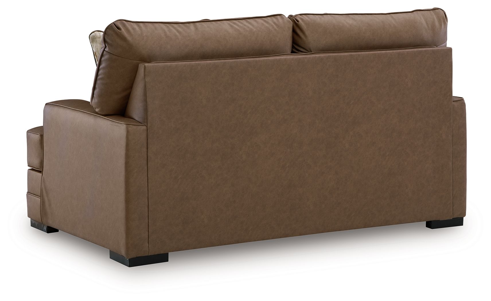 Caramel-brown loveseat with wide arms and low, block-style legs