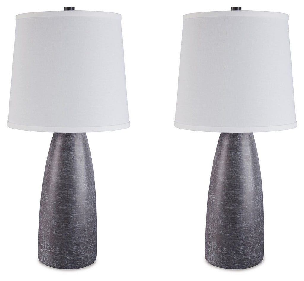 Set of two table lamps with white shades and dark gray textured bases