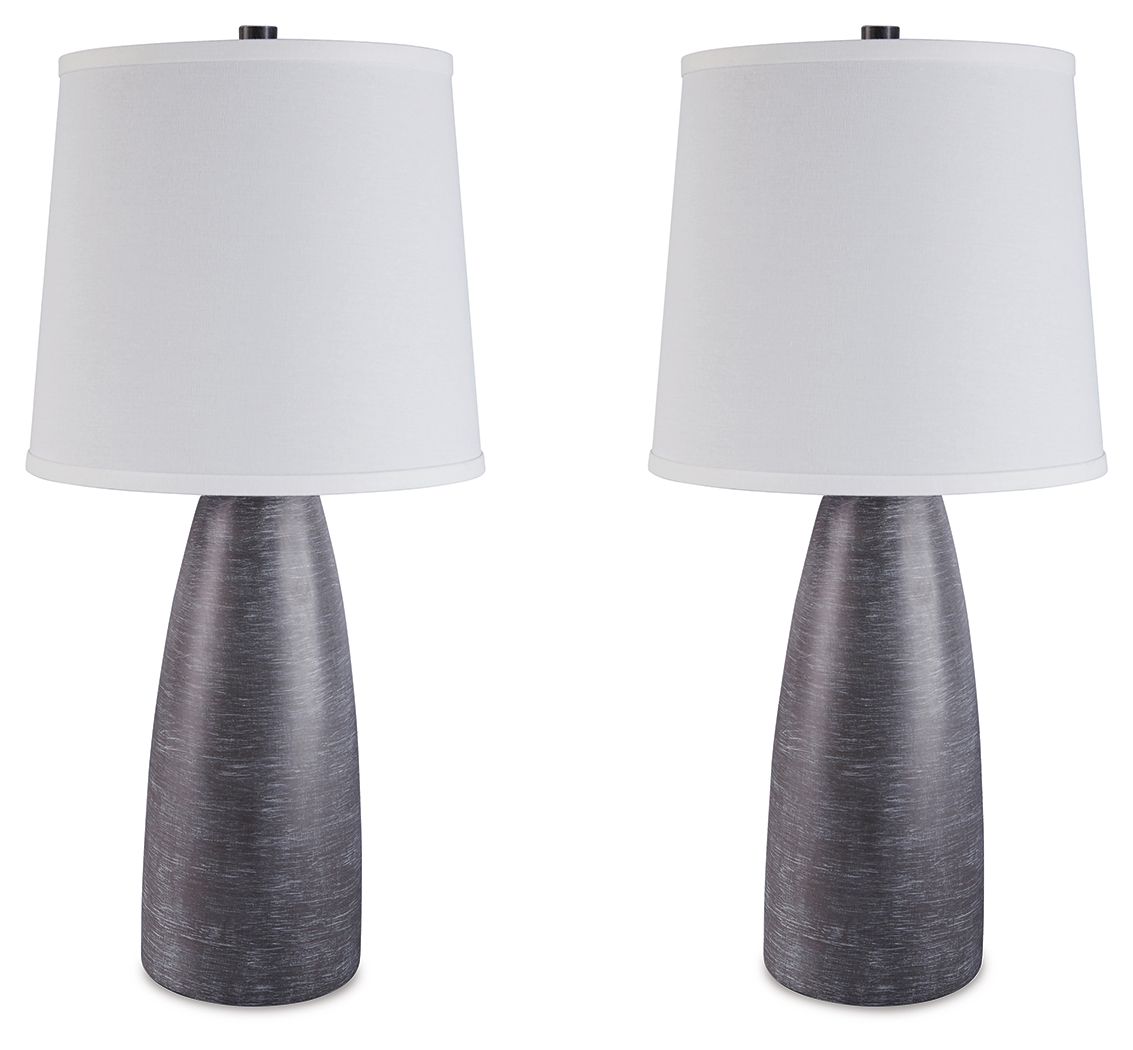 Set of two table lamps with white shades and dark gray textured bases