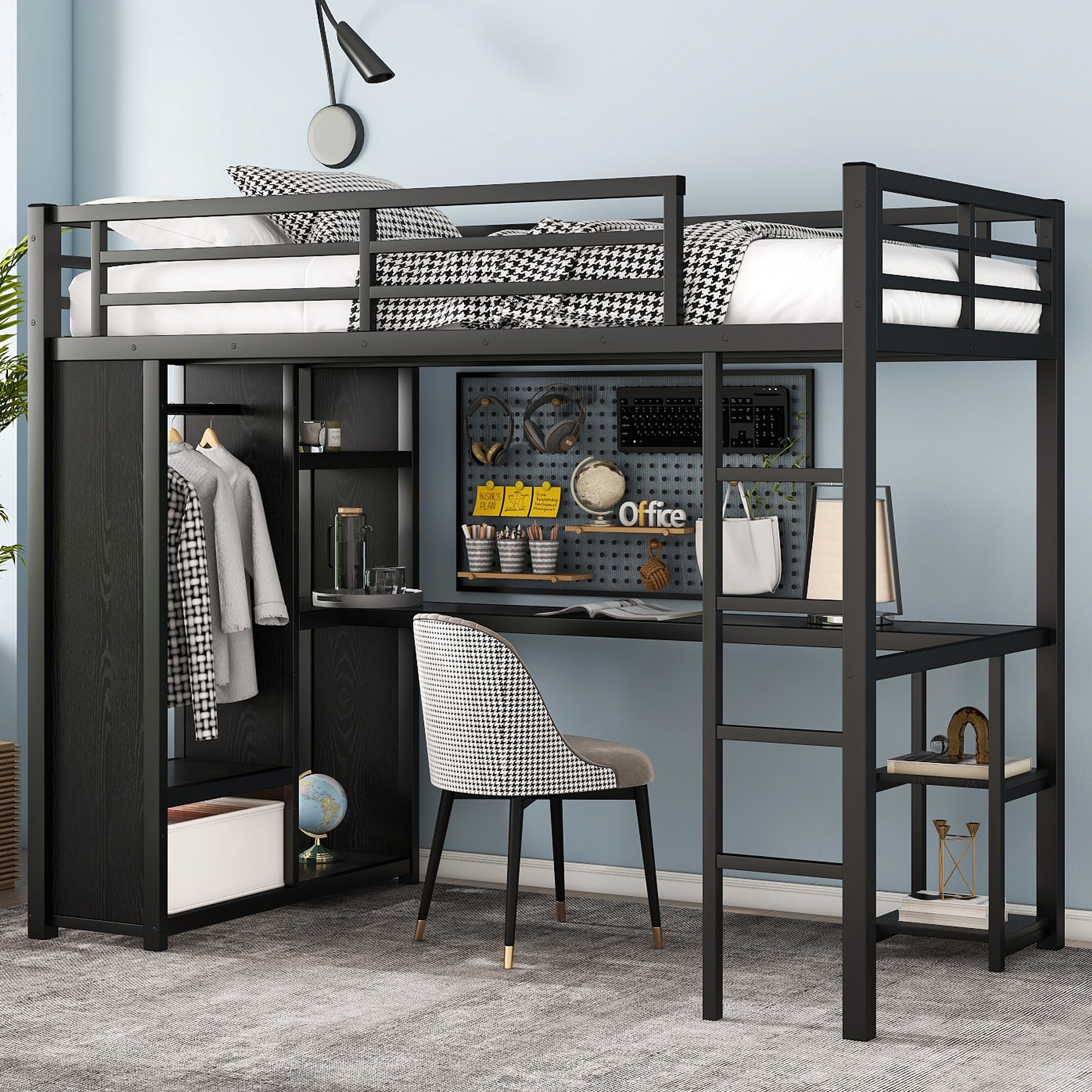 Twin XL Loft Bed w/ Wardrobe, Desk & Shelves