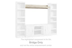 Whitewash bridge entertainment center with open shelves and central cabinet opening