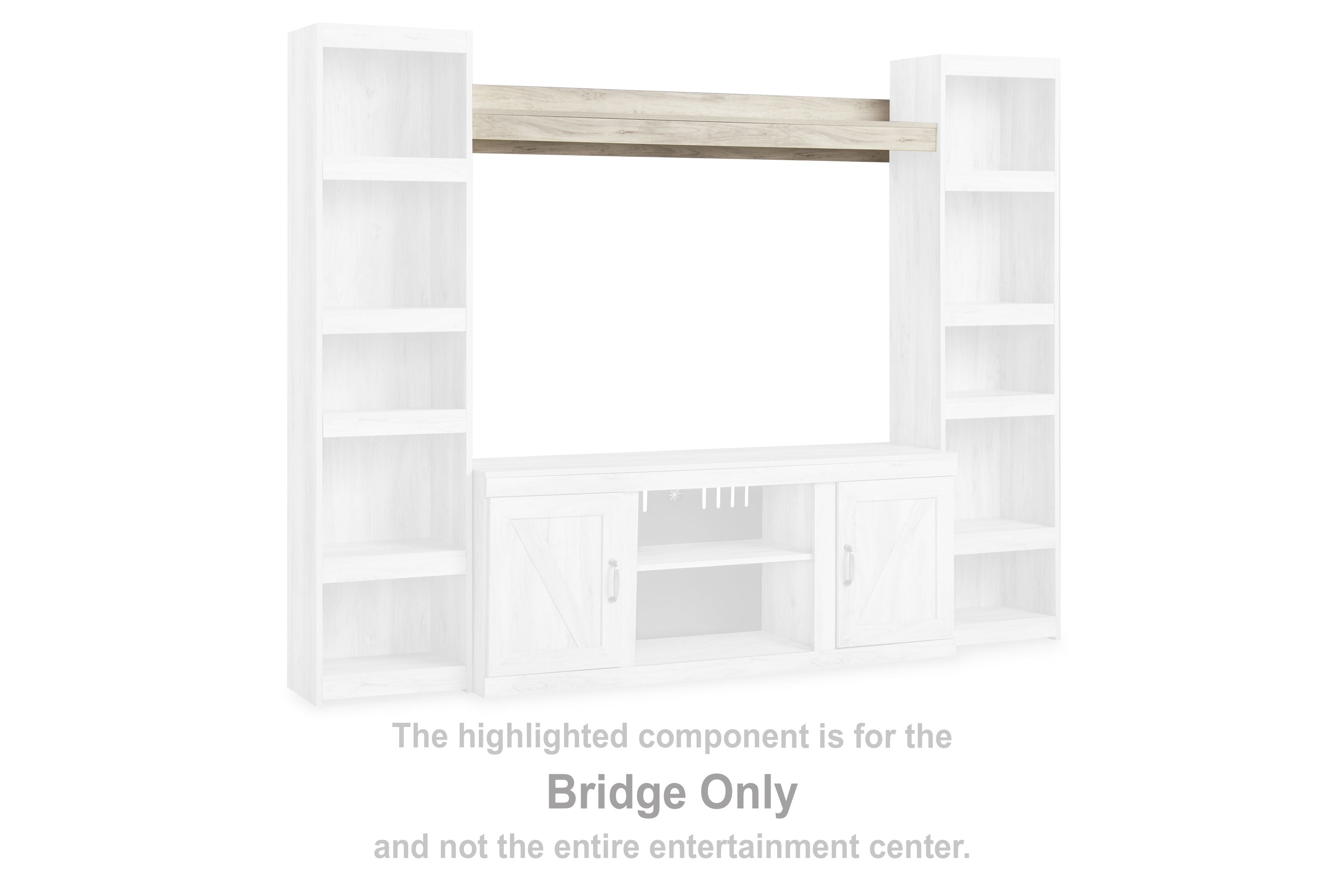 Whitewash bridge entertainment center with open shelves and central cabinet opening