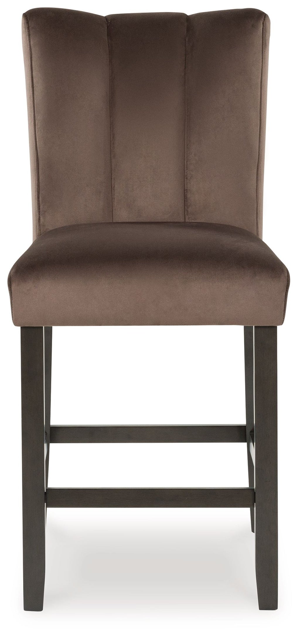 Mocha upholstered barstool with vertical back panel and dark wooden frame