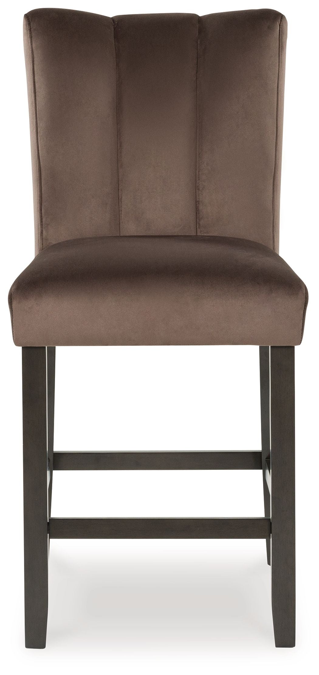 Mocha upholstered barstool with vertical back panel and dark wooden frame
