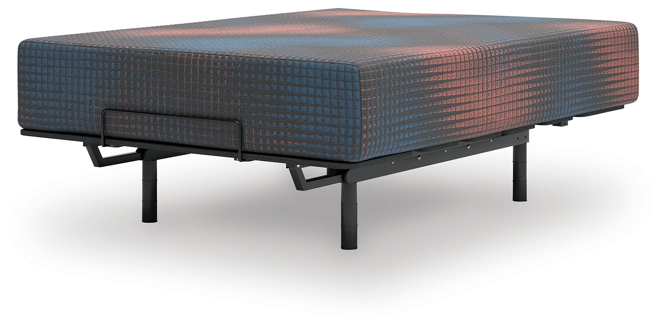 Gray hybrid mattress with quilted top, raised on black metal base legs