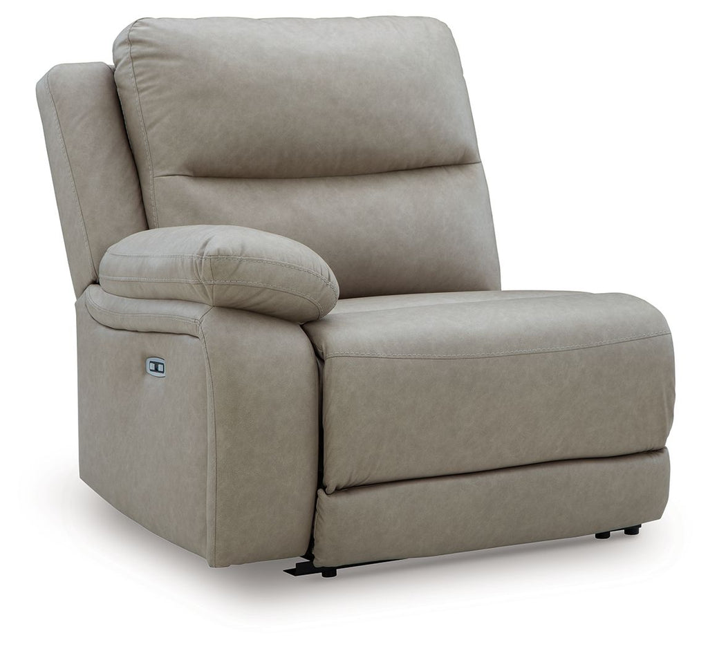 Pebble fabric power wall recliner with wide chaise footrest and side control panel