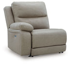 Pebble fabric power wall recliner with wide chaise footrest and side control panel