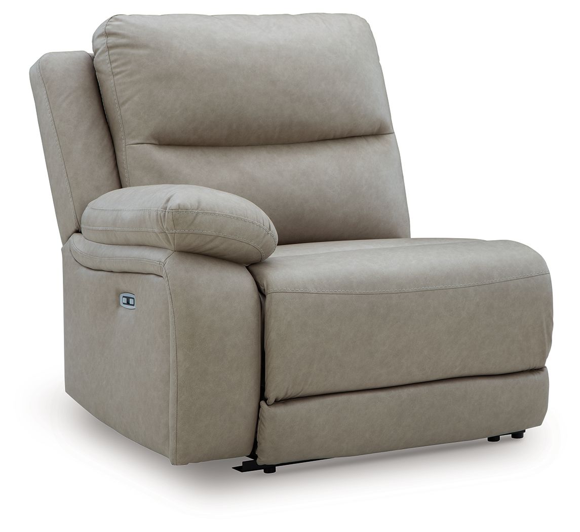 Pebble fabric power wall recliner with wide chaise footrest and side control panel