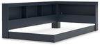 Blue bookcase storage bed with shelving panels and white mattress, side angle