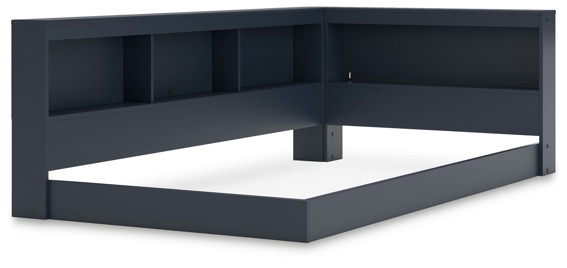 Blue bookcase storage bed with shelving panels and white mattress, side angle