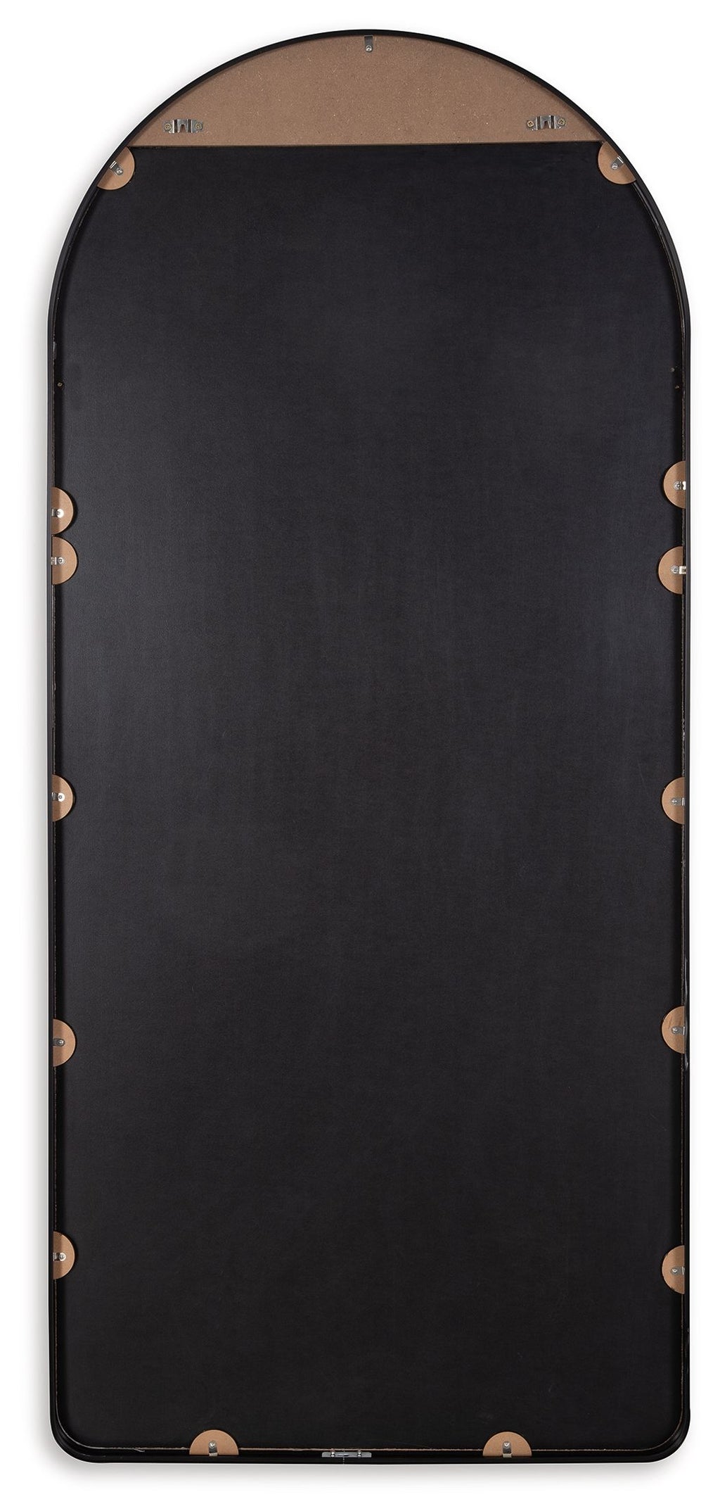 Sethall black arched floor mirror with brass studs along the edges and thin black frame