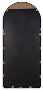 Sethall black arched floor mirror with brass studs along the edges and thin black frame