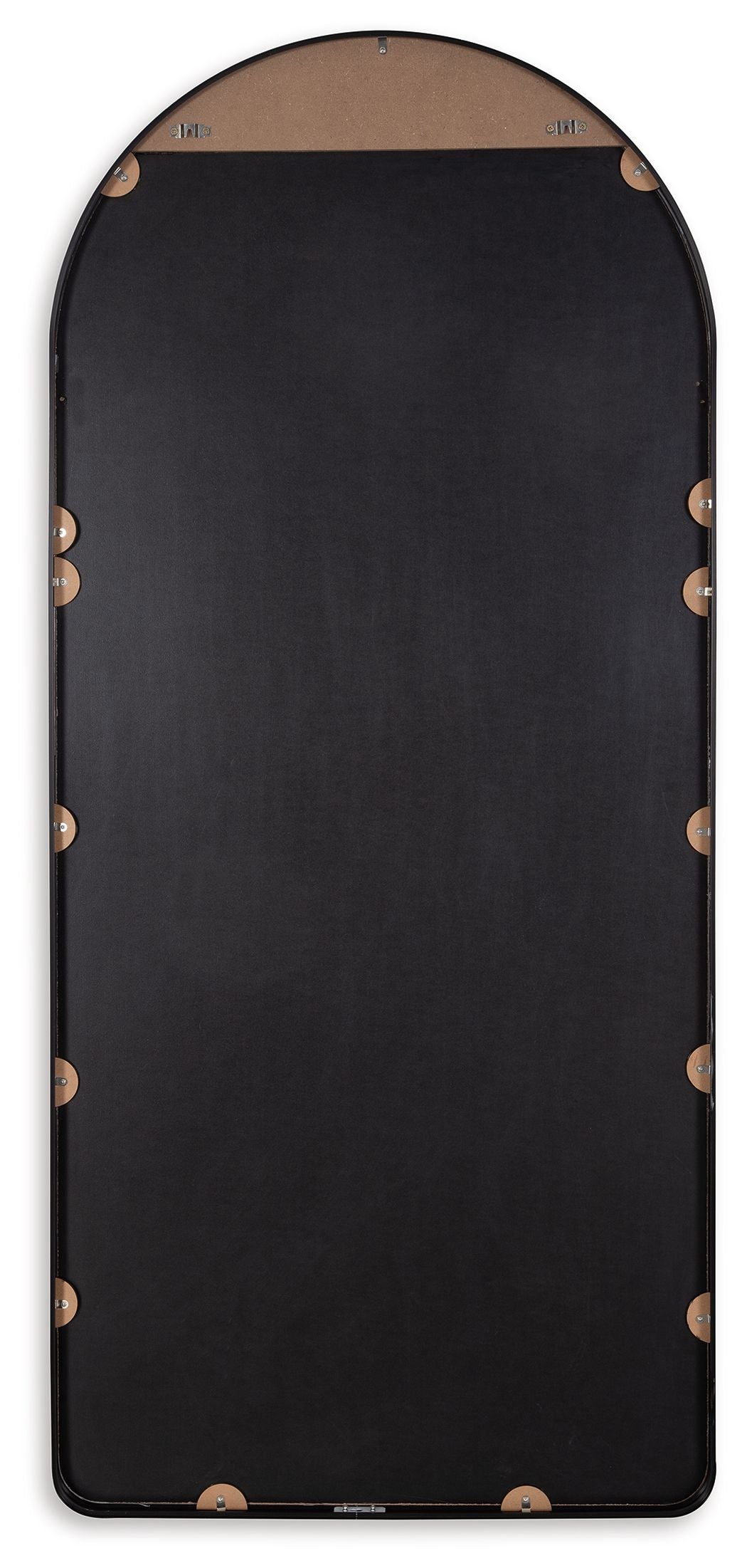 Sethall black arched floor mirror with brass studs along the edges and thin black frame
