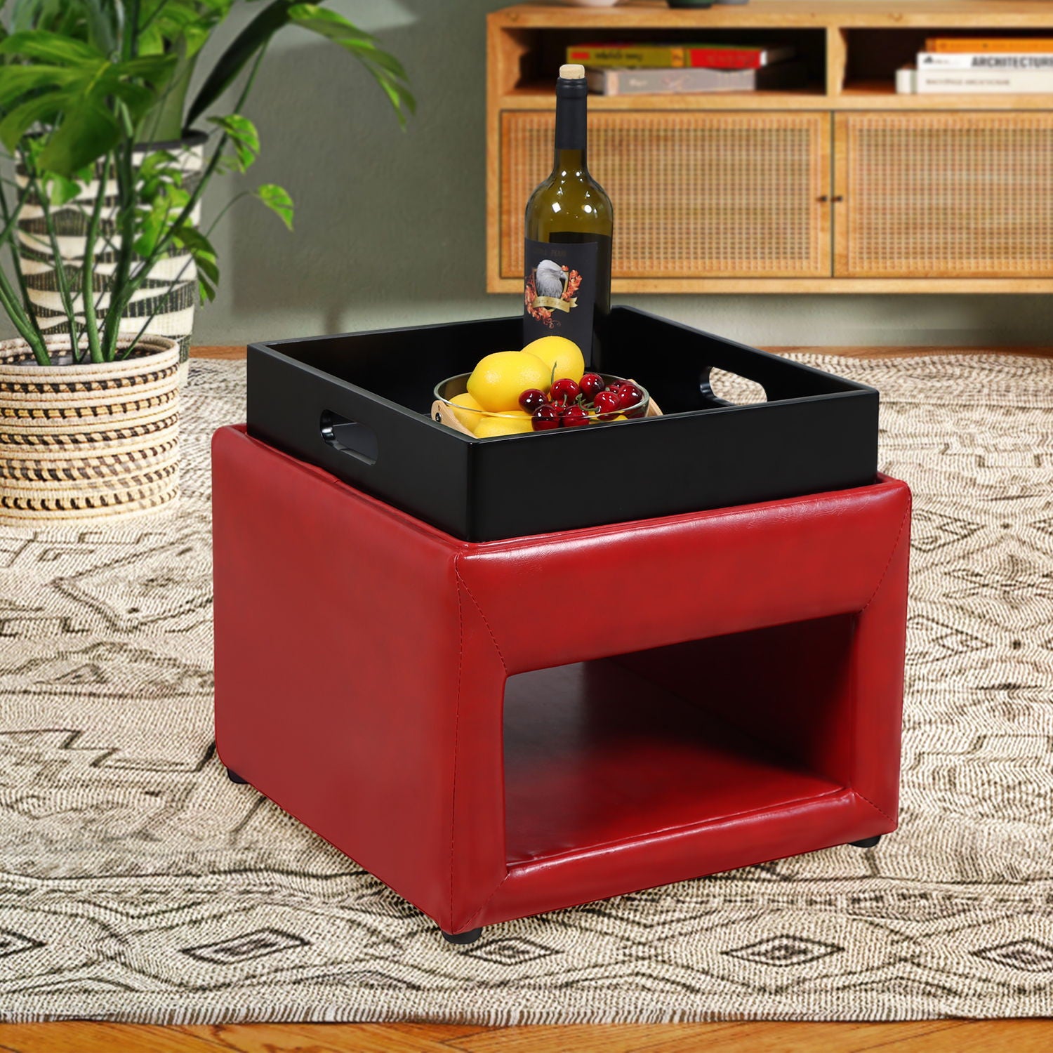 PU Ottoman With Storage, Square Foot Ottomans With Storage, Coffee Table Top Cover, Storage Boxes Footrest Stool For Bedroom, Faux Leather (Red)
