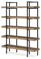 Light brown and black bookcase with open middle shelves and side frames