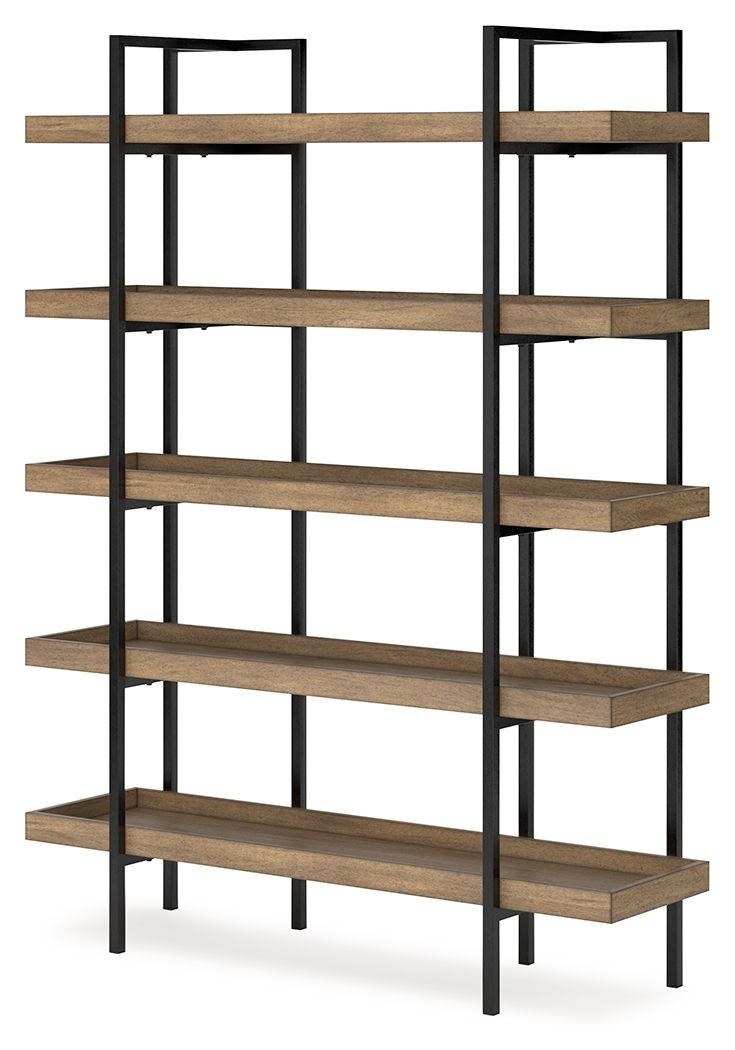 Light brown and black bookcase with open middle shelves and side frames