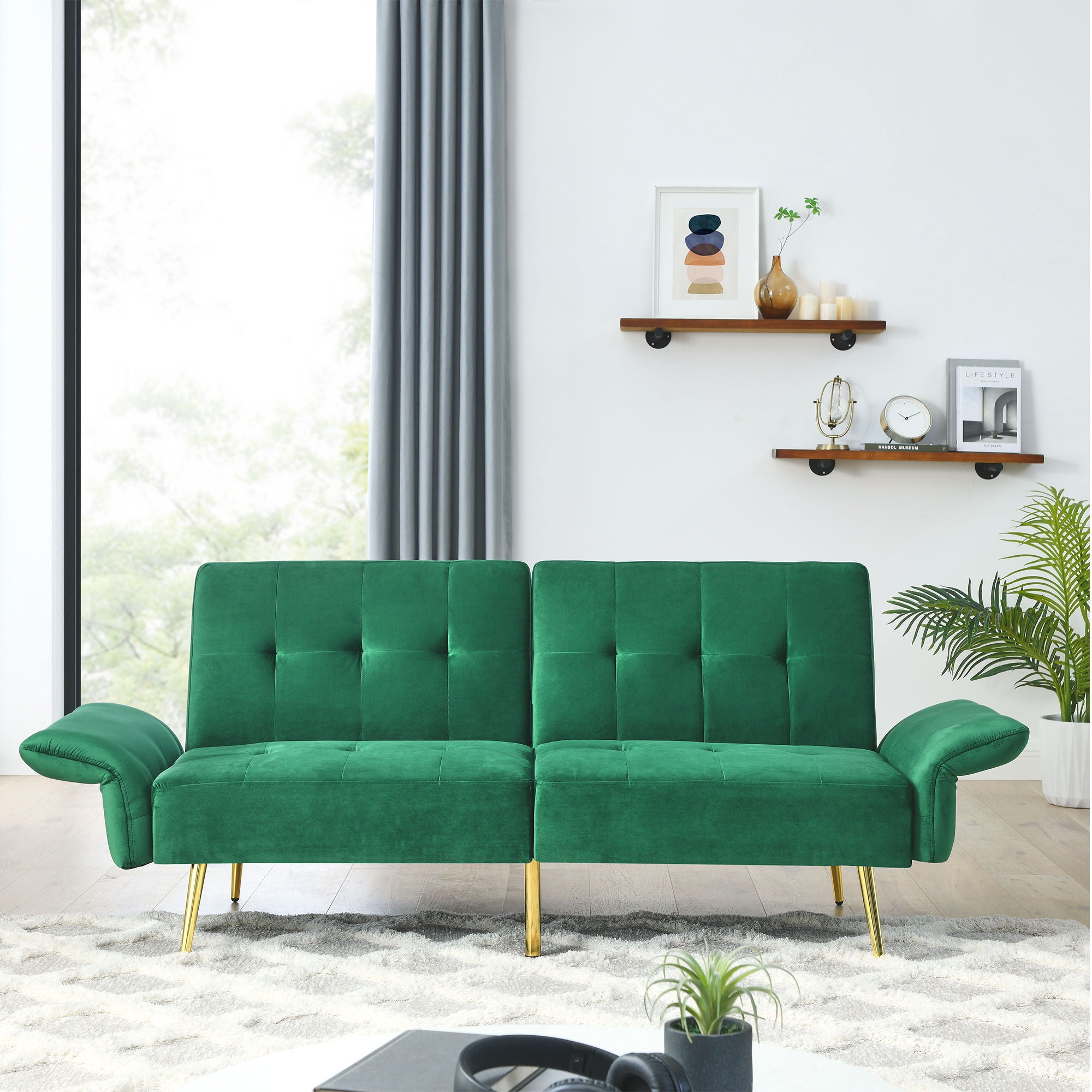 Italian Futon Sofa Bed, Convertible Sleeper Loveseat Couch With Folded Armrests And Storage Bags For Living Room And Small Space, Green