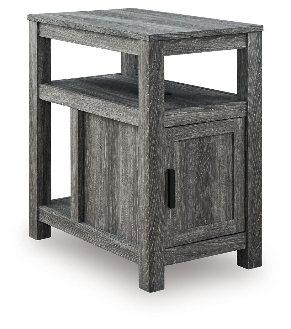 Chair side end table with open shelves and one-door cabinet, gray wood grain, black pull.