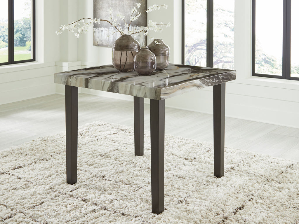 Square dining room counter table with dark legs and swirled marble-pattern top