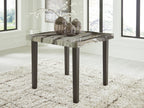 Square dining room counter table with dark legs and swirled marble-pattern top