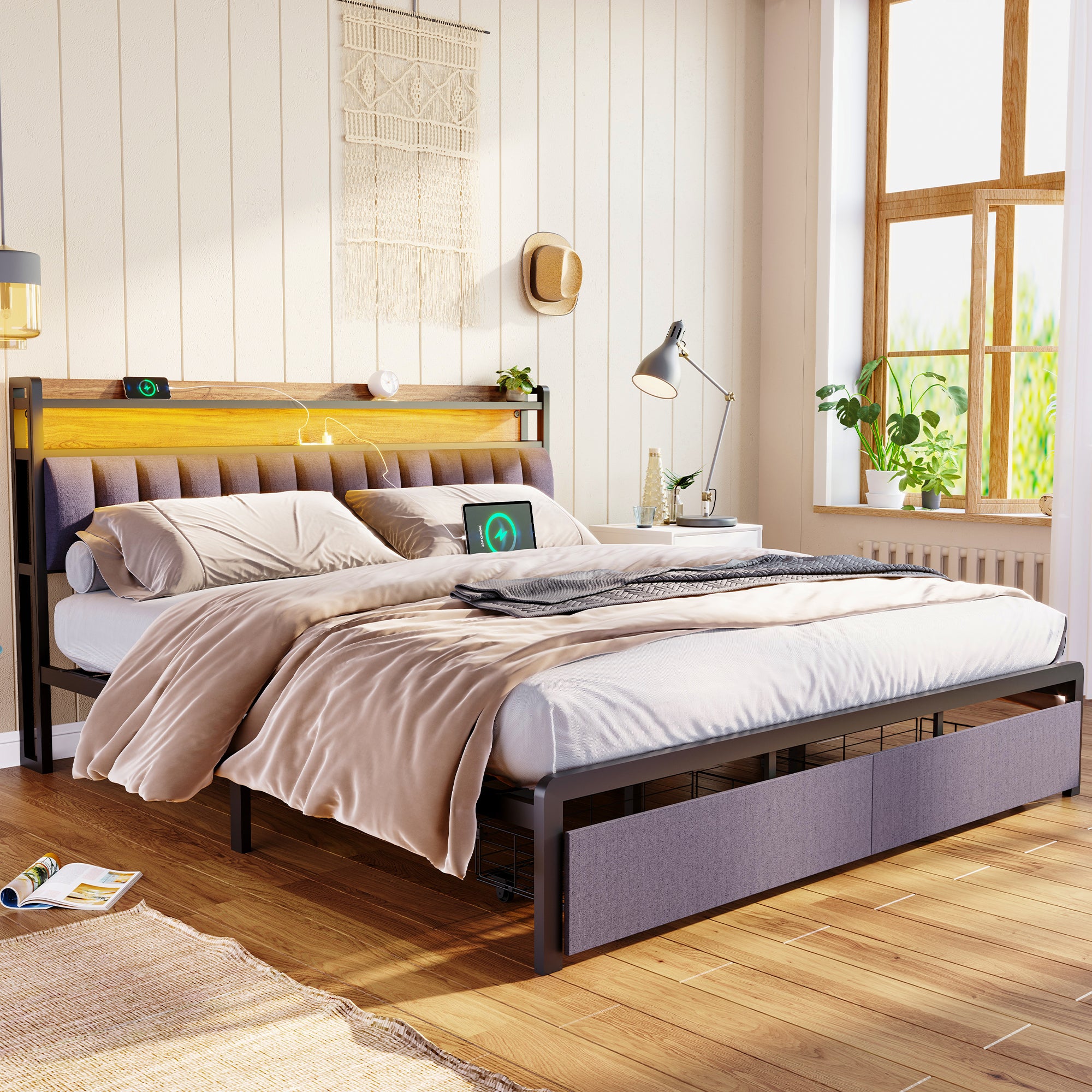 King LED Upholstered Bed Frame w/ Storage, Drawers, Charging Station