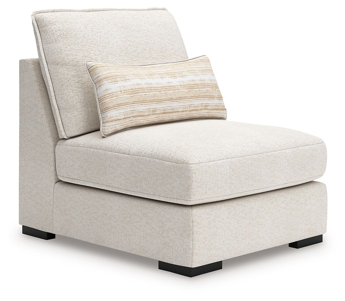 Vanilla armless accent chair in light beige fabric, with striped throw pillow