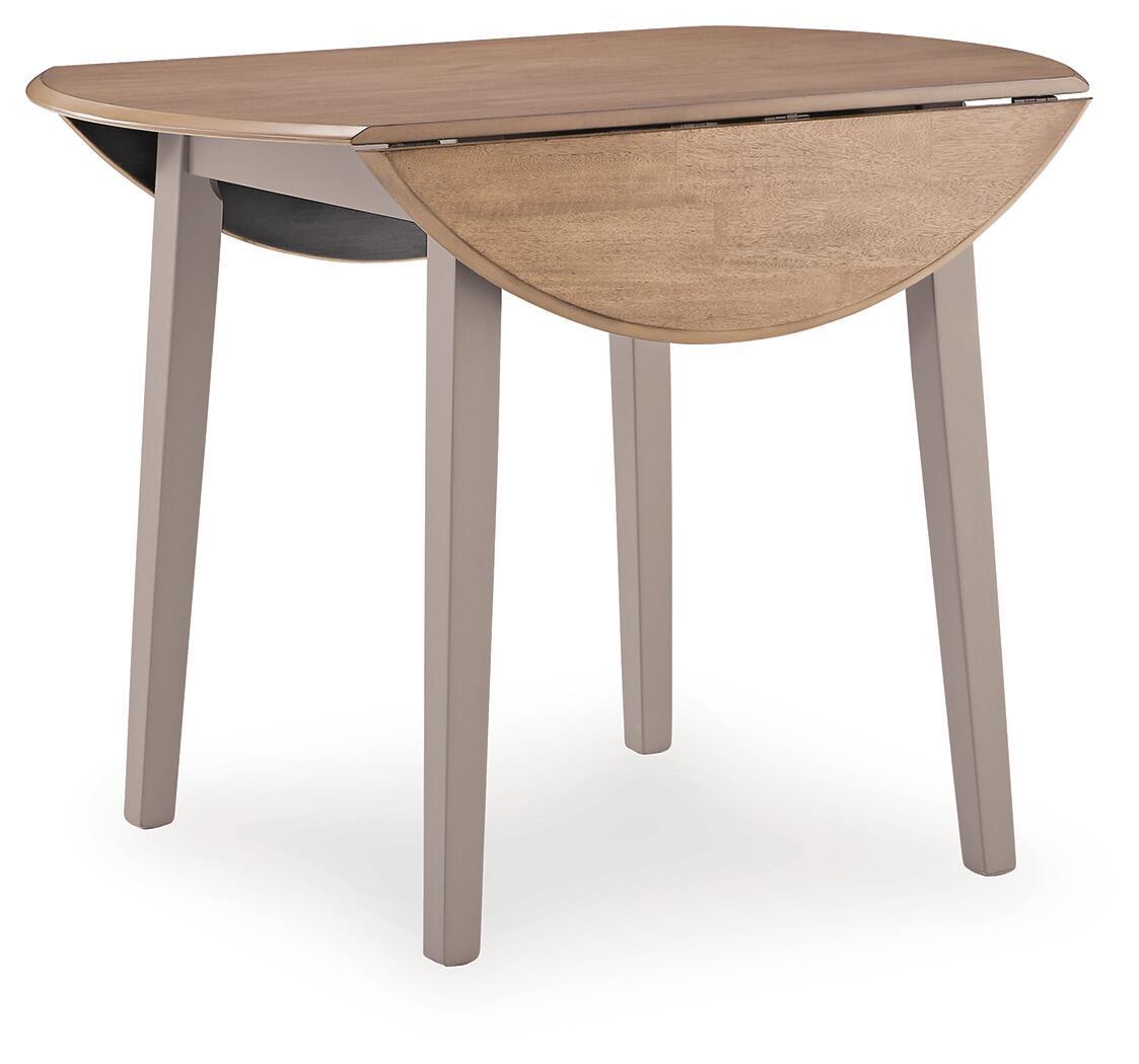 Round drop-leaf dining table with natural top, gray legs, one leaf lowered