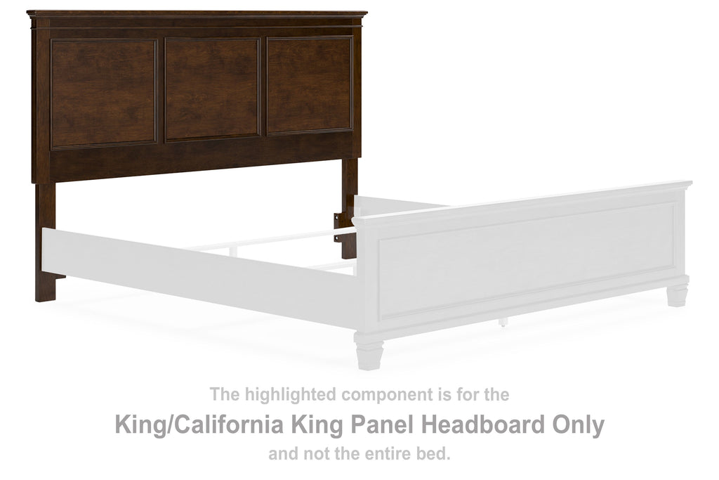 Brown wood panel headboard with recessed rectangular panels and corner posts