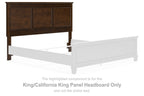 Brown wood panel headboard with recessed rectangular panels and corner posts
