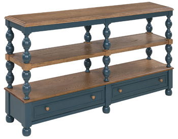 Console sofa table with brown top, blue base, and two drawers