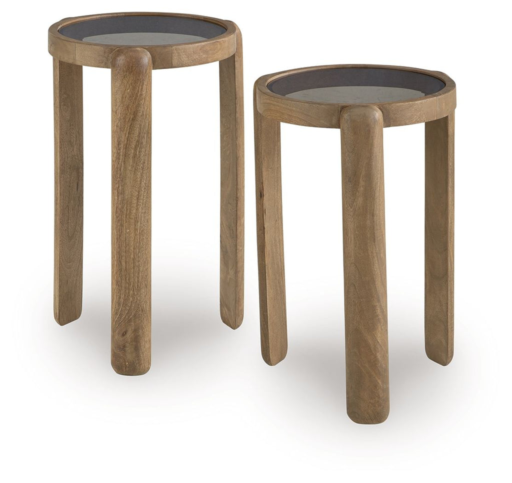 Light brown round accent table set of 2, front view, tapered legs