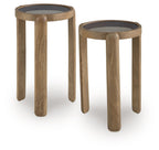 Light brown round accent table set of 2, front view, tapered legs