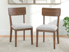 Set of 2 brown dining side chairs with rounded wood backs and light gray padded seats