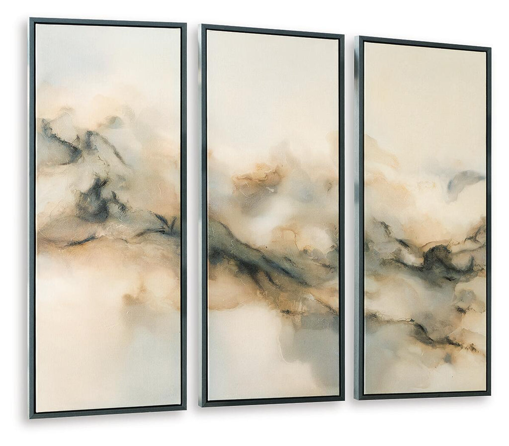 Set of 3 framed abstract cloud wall prints, dark frames with neutral beige and gray hues