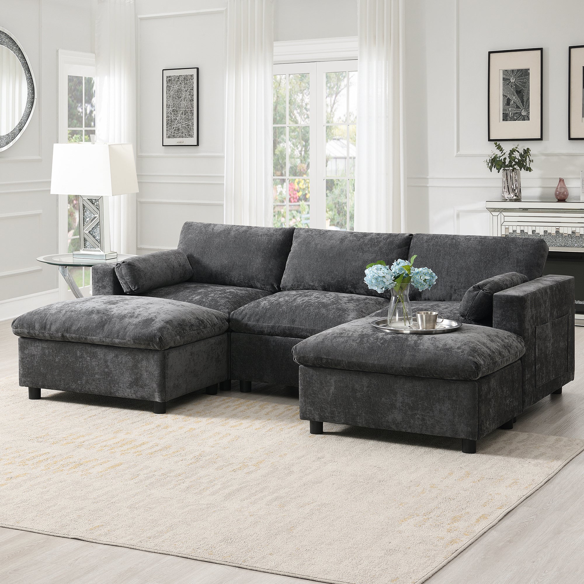 86.5'' Chenille Modular Sectional Sofa: U-Shaped, Storage, Ottomans