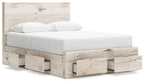 Beige panel bed with multiple front storage drawers and upholstered platform frame