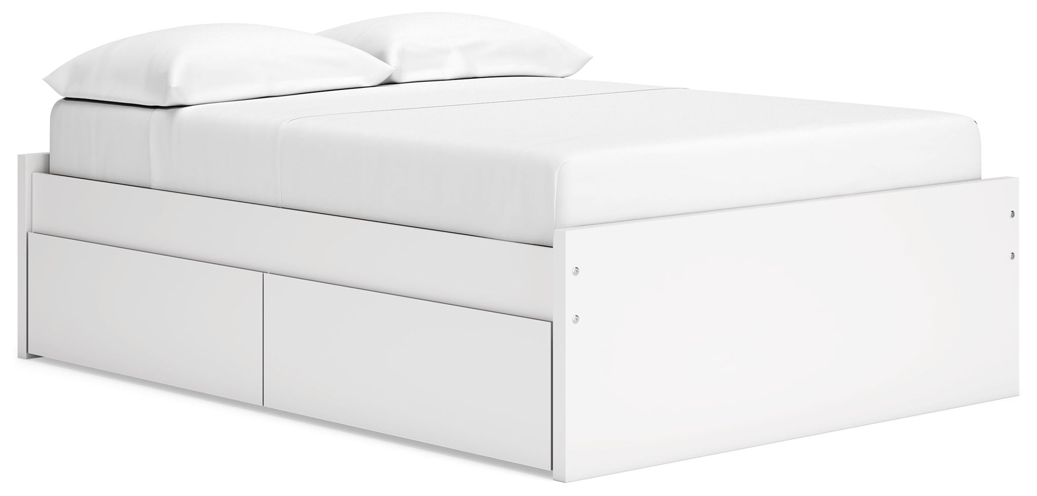 White platform bed with side storage drawers and two pillows